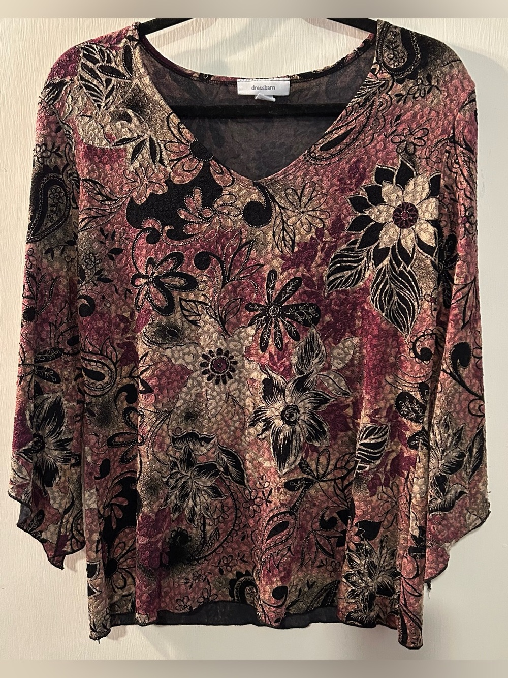 Dress barn Floral Velvet Burnout V-Neck Top in Burgundy and Black Size L